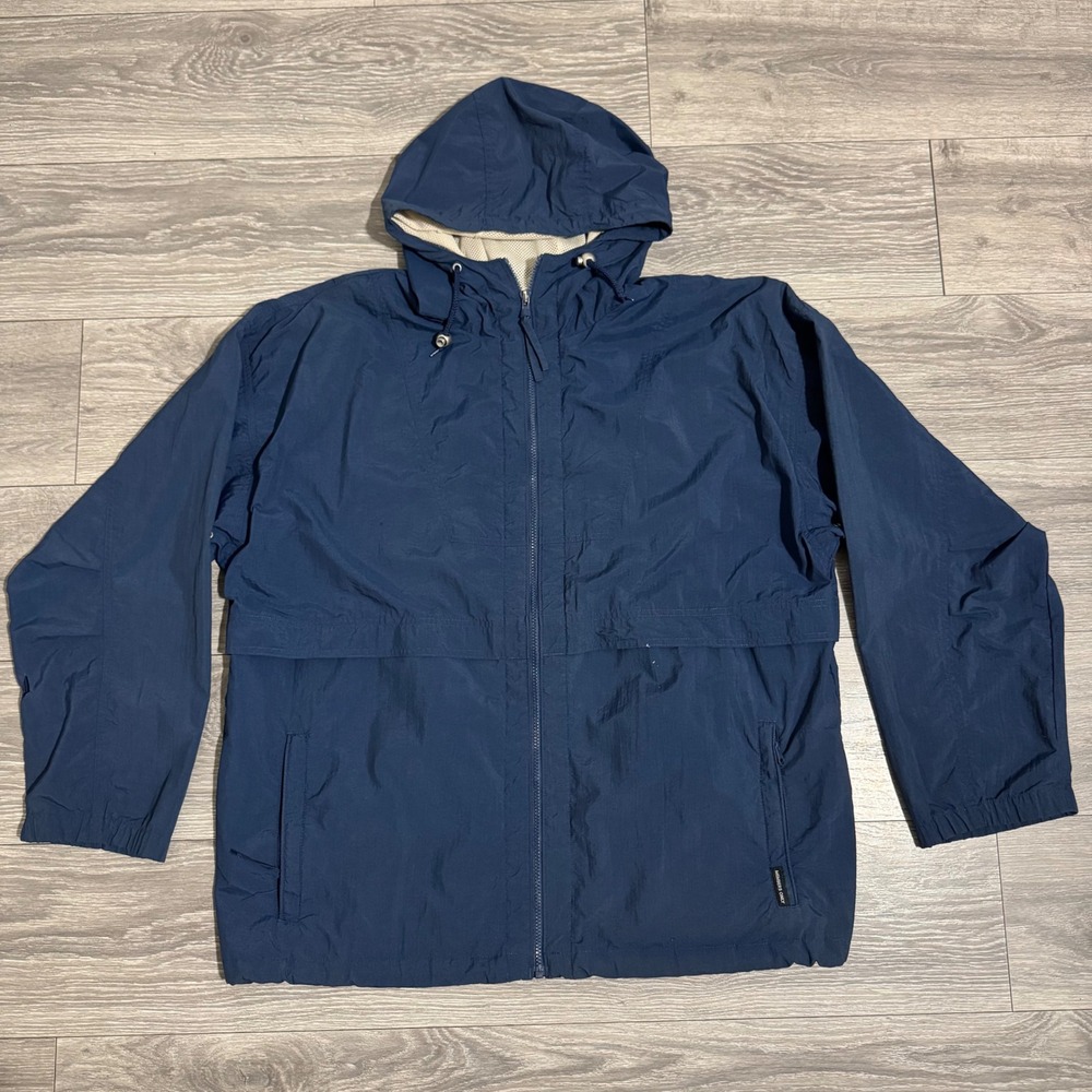 Members Only Mens Large Navy Blue Hooded Windbreaker Jacket Mesh Lined‎ Full Zip